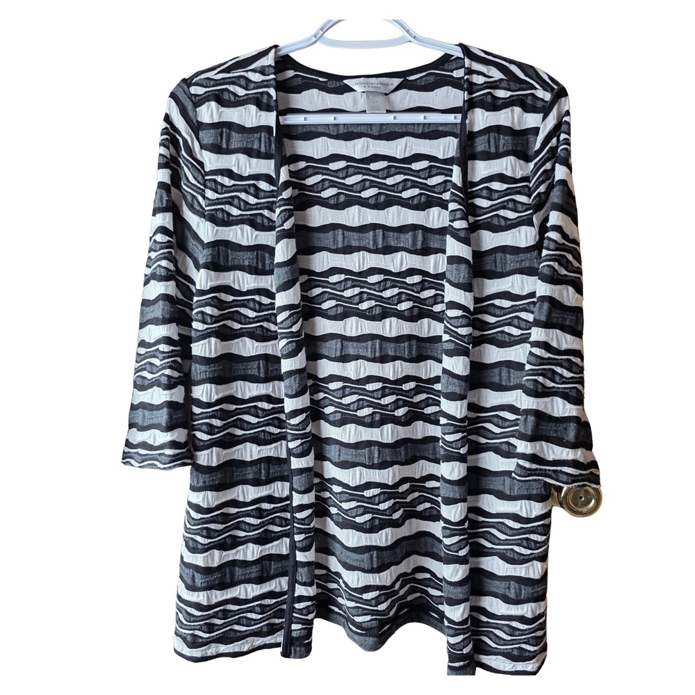 Christopher & Banks Petite S Cardigan Black White Striped Open Front Textured